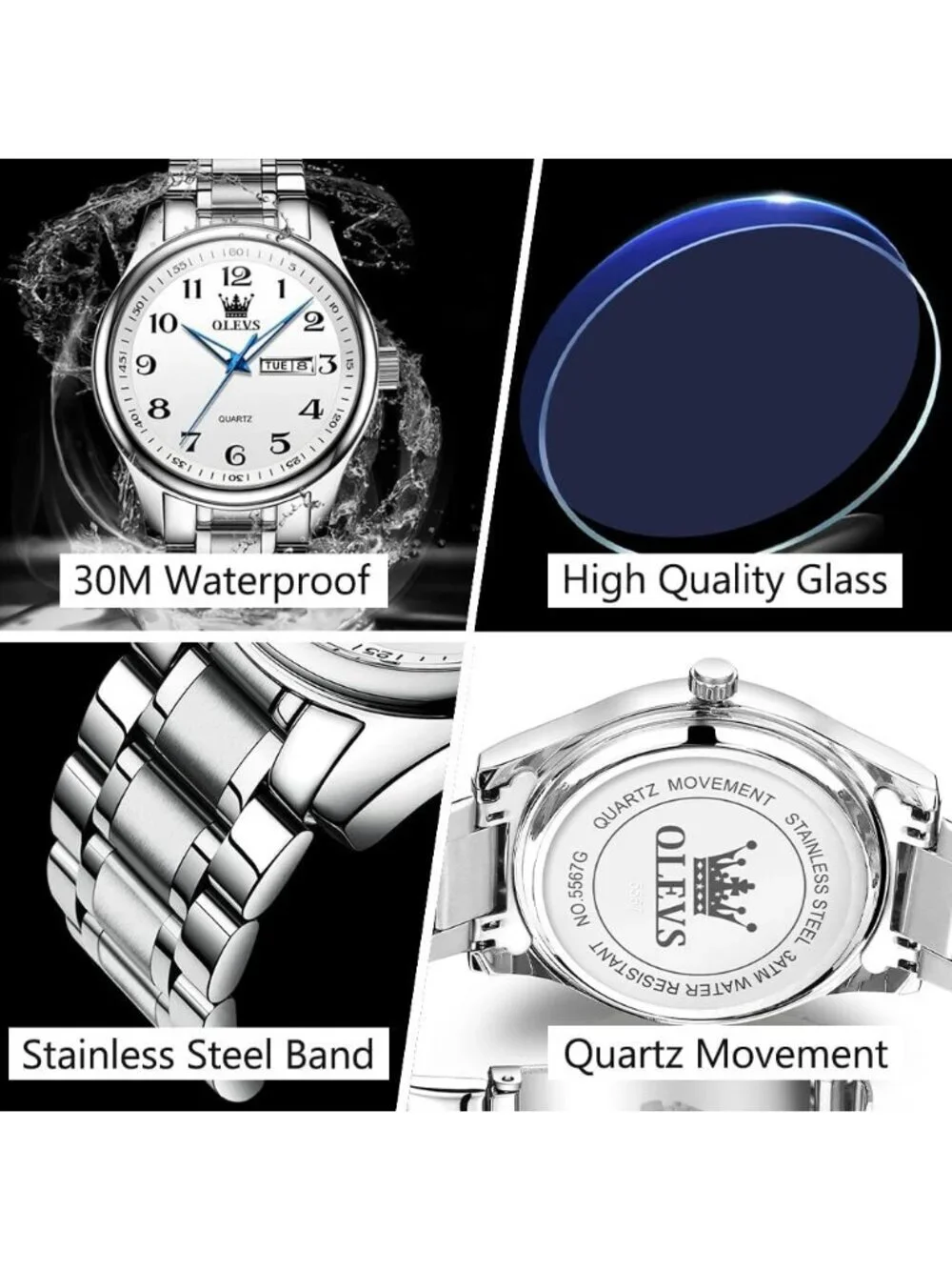 Men's Silver White Stainless Steel Analog Quartz Classic Waterproof Round Watch